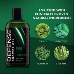 Defense Soap Peppermint Tea Tree Body Wash ingredients banner highlighting essential oils for skin care