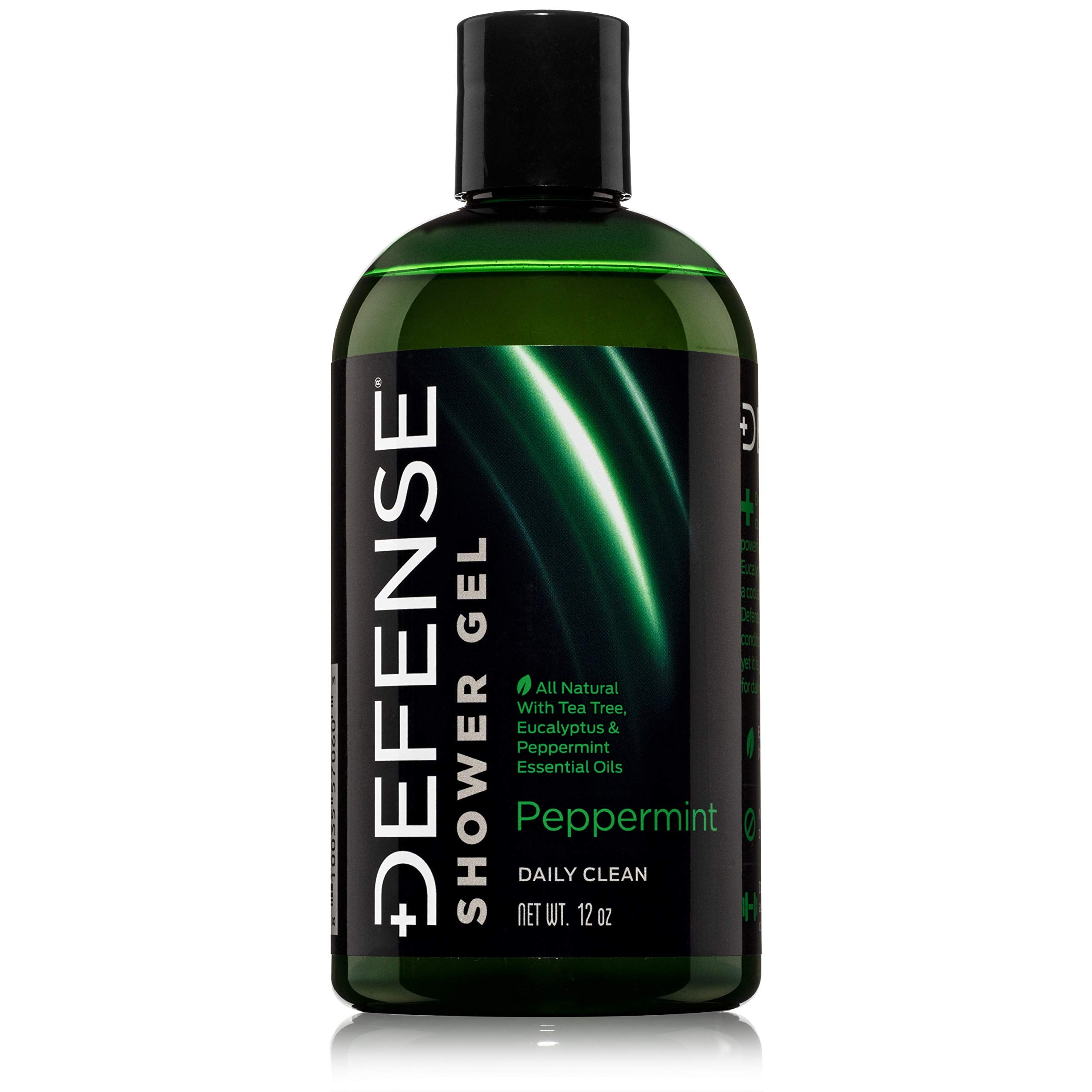 Defense Soap Peppermint Tea Tree Body Wash pour with refreshing cleanse in view