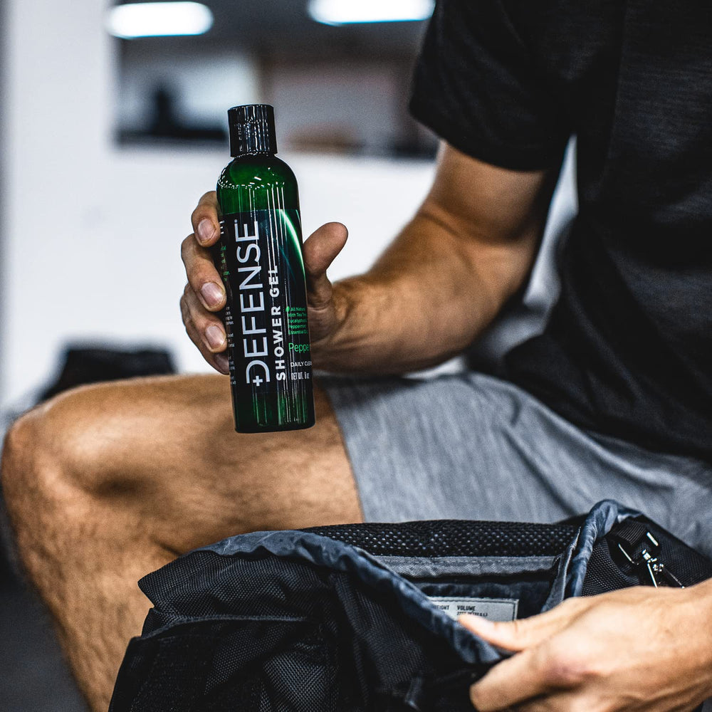 Defense Soap Peppermint Tea Tree Body Wash pump-dispense image emphasizing easy grip and quick shower prep.
