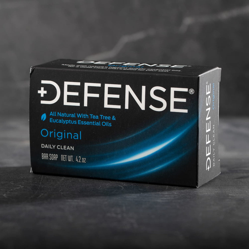 Defense Soap Tea Tree Bar skin barrier focus visual suggests gentle cleansing.