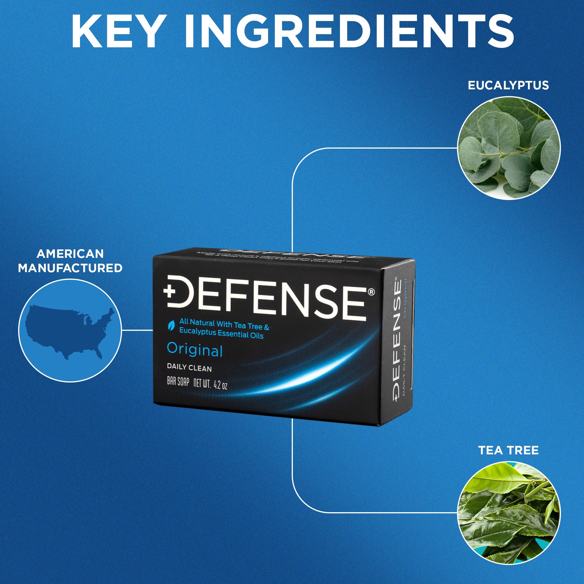 Defense Soap Tea Tree Bar with leaves demonstrates natural ingredients for clean skin.