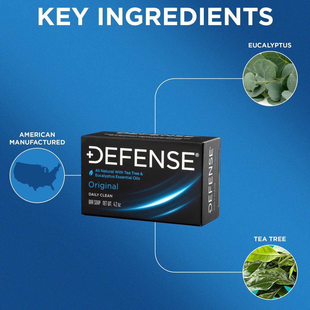 Defense Soap Tea Tree Bar with leaves demonstrates natural ingredients for clean skin.
