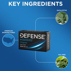 Defense Soap Tea Tree Bar with leaves demonstrates natural ingredients for clean skin.
