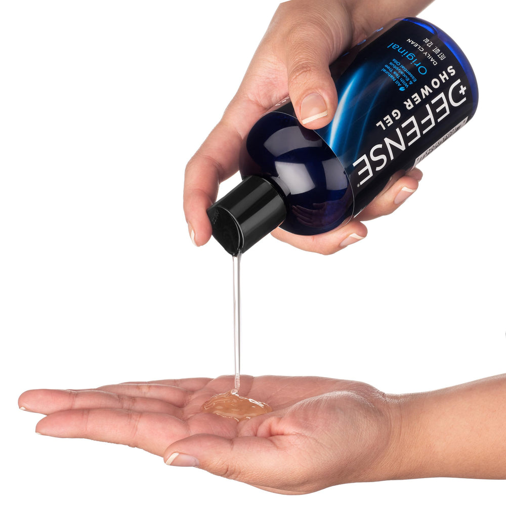 Defense Soap Tea Tree Body Wash label highlights tea tree oil for odor control.