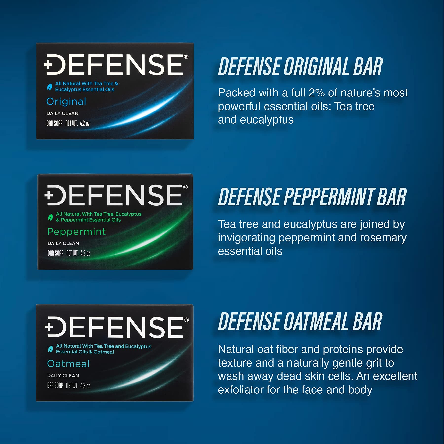 Defense Soap Tea Tree Oil ingredients label emphasizes natural oils for skin-friendly hygiene.