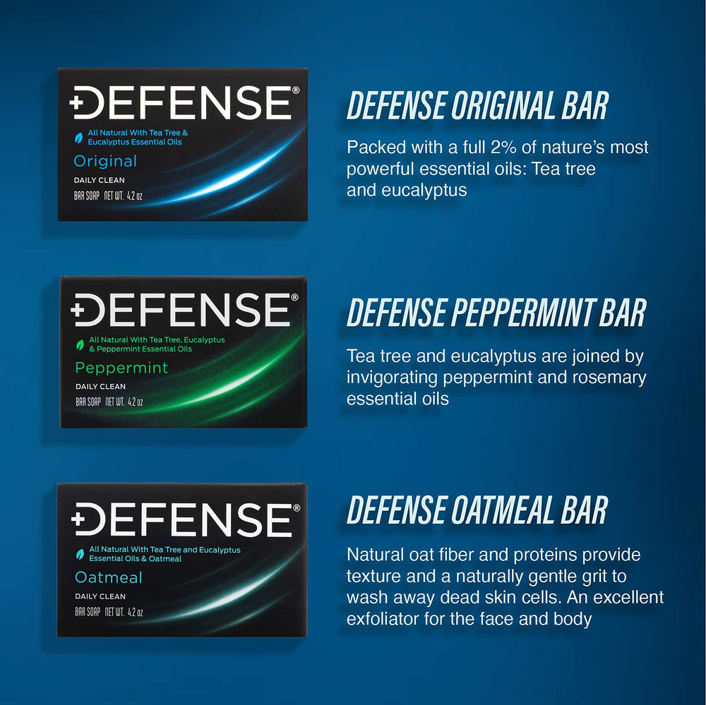 Defense Soap Tea Tree Oil ingredients label emphasizes natural oils for skin-friendly hygiene.