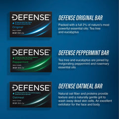 Defense Soap Tea Tree Oil ingredients label emphasizes natural oils for skin-friendly hygiene.