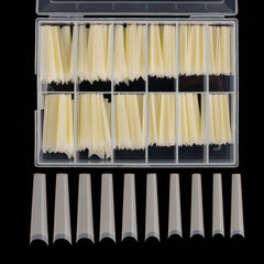 Defuber tapered extra long nail tips in the clear box for easy selection.