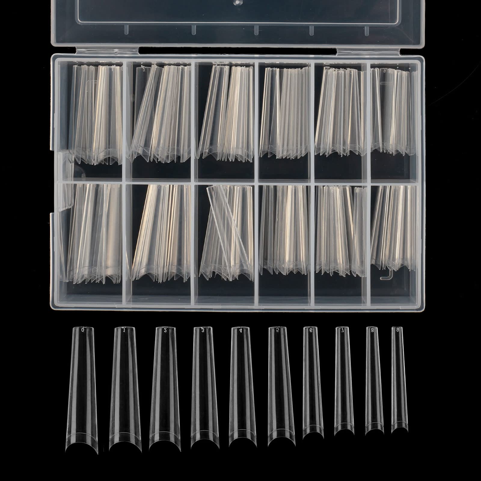 Defuber tapered extra long nail tips box showing 10 sizes for perfect fit