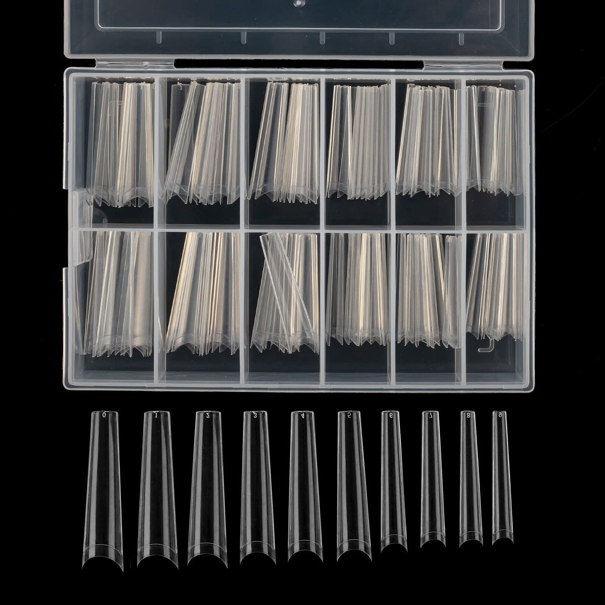 Defuber tapered extra long nail tips box showing 10 sizes for perfect fit