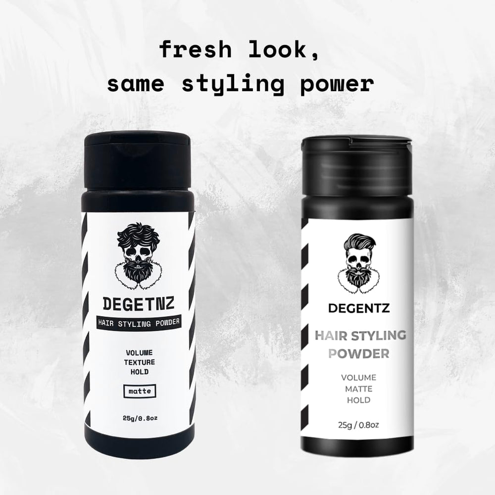 DEGENTZ powder applied to hair for voluminous, matte texture
