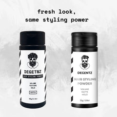 DEGENTZ powder applied to hair for voluminous, matte texture