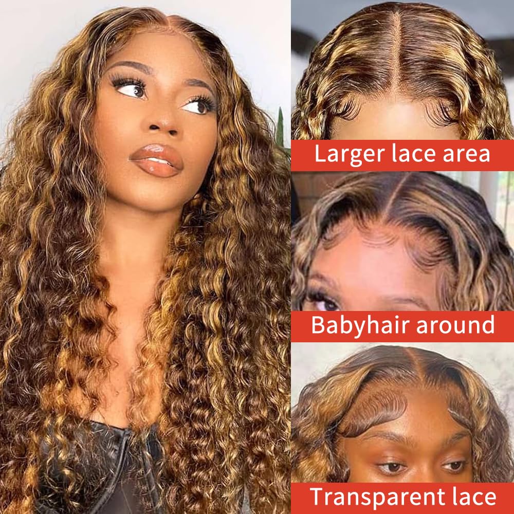 DegHyth honey blonde 4/27 deep-wave wig with dimension and heat styling options.