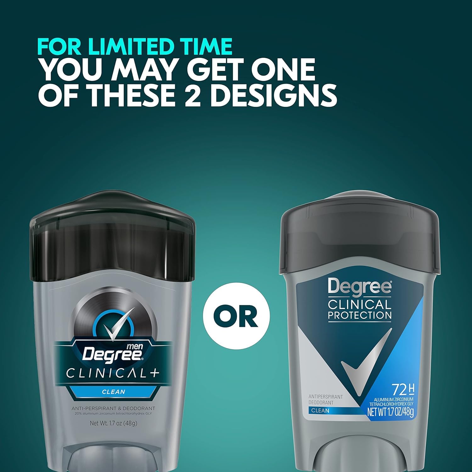 Degree Men Clean Clinical antiperspirant product packaging emphasizes trusted protection.