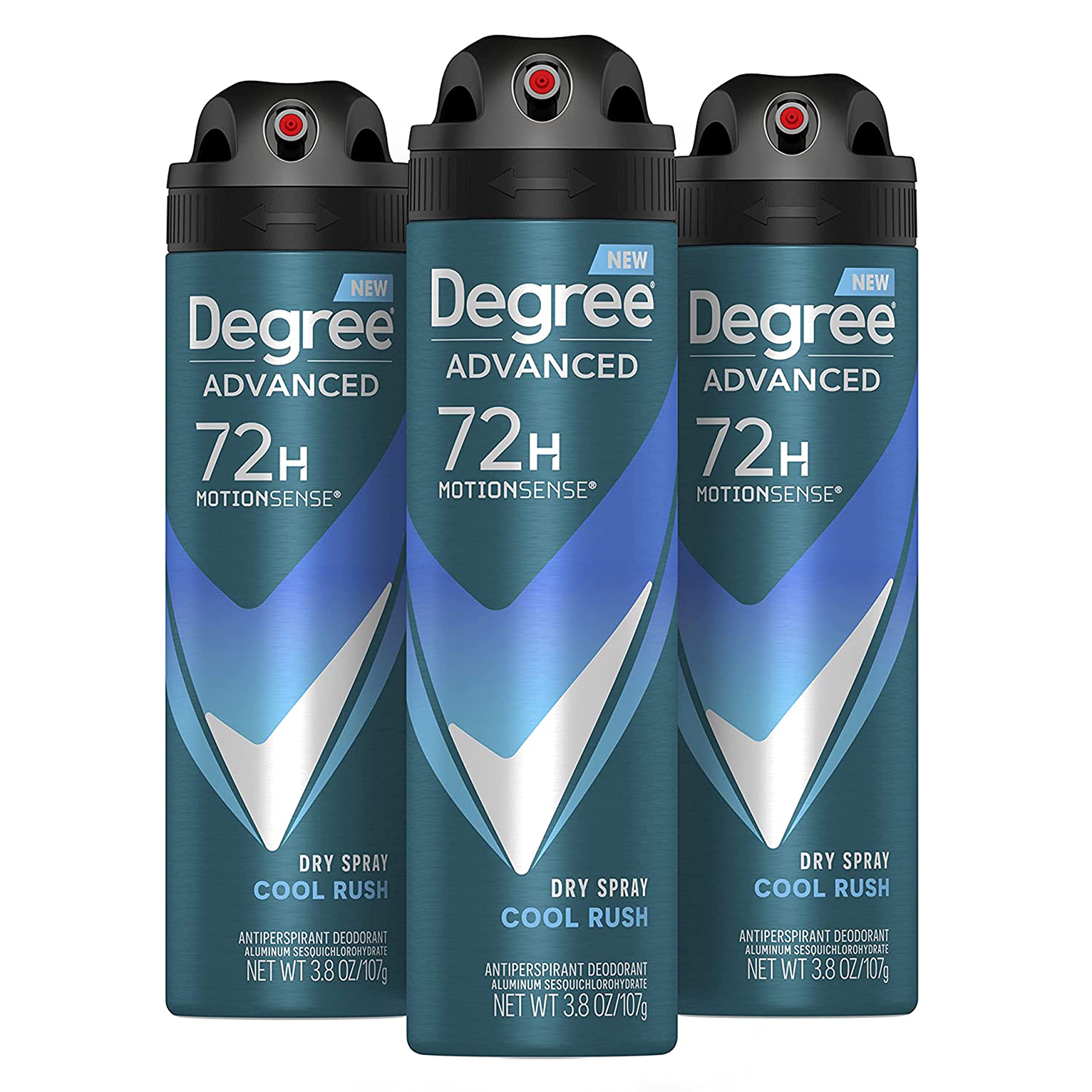 Degree Men Cool Rush dry spray bottle shows instant dryness for daily use.