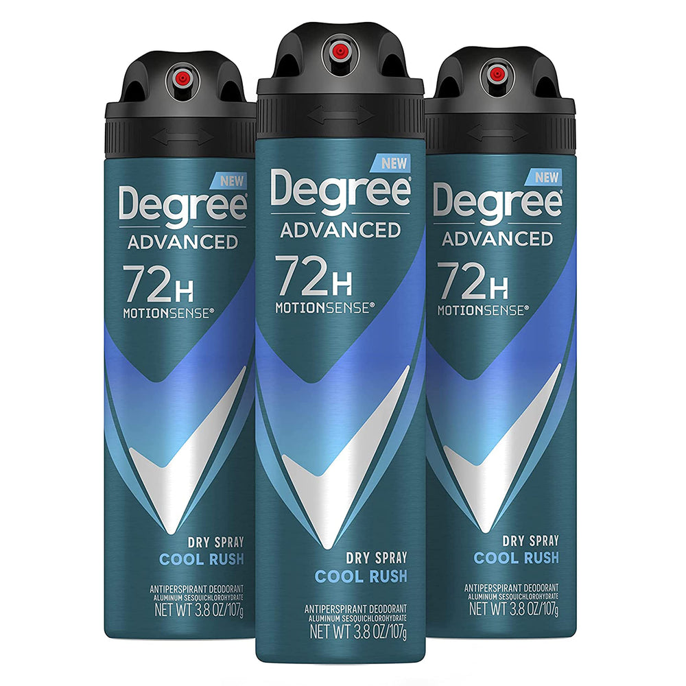 Degree Men Cool Rush dry spray bottle shows instant dryness for daily use.