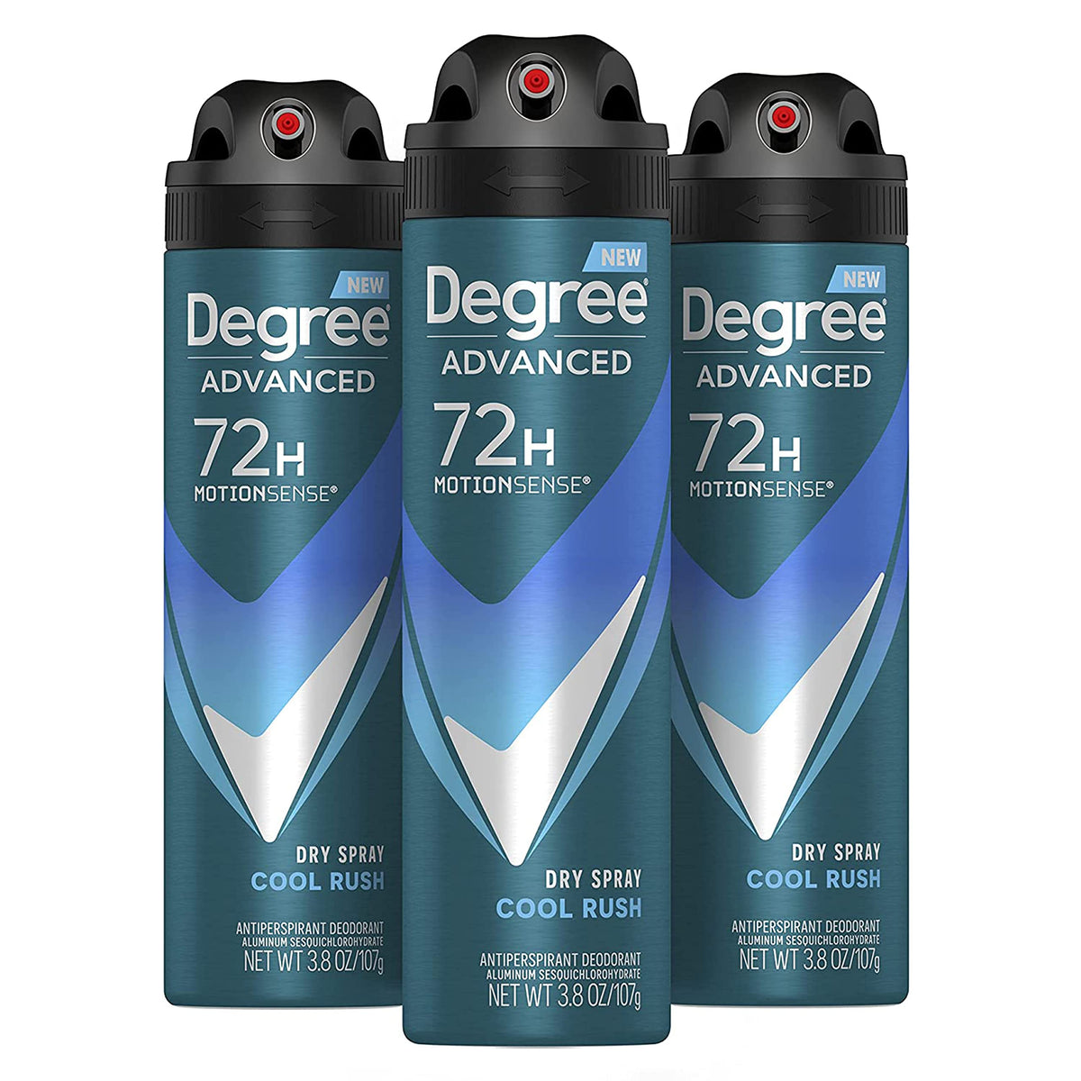 Degree Men Cool Rush dry spray bottle shows instant dryness for daily use.