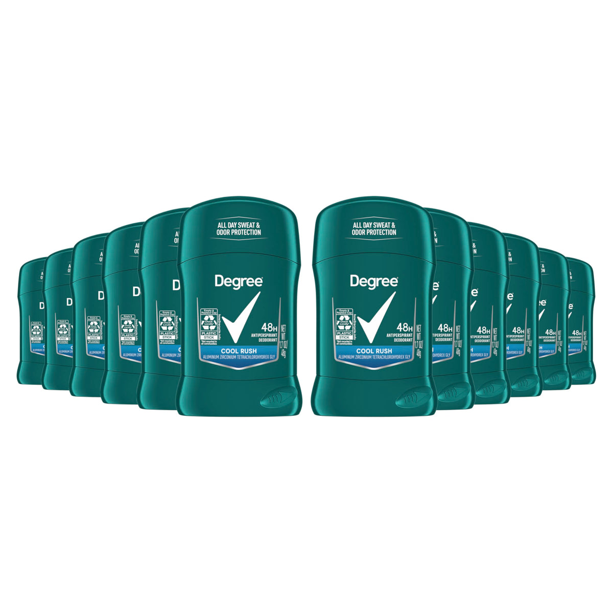 Degree Men Cool Rush front view 12-pack showcases packaging and everyday protection.