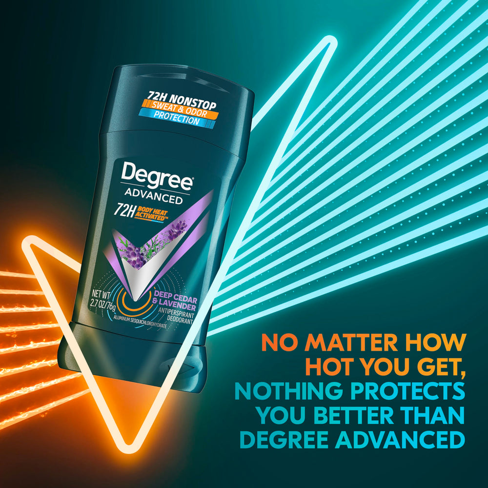 Degree Men Deep Cedar & Lavender application underarm shot; ready for active workouts.