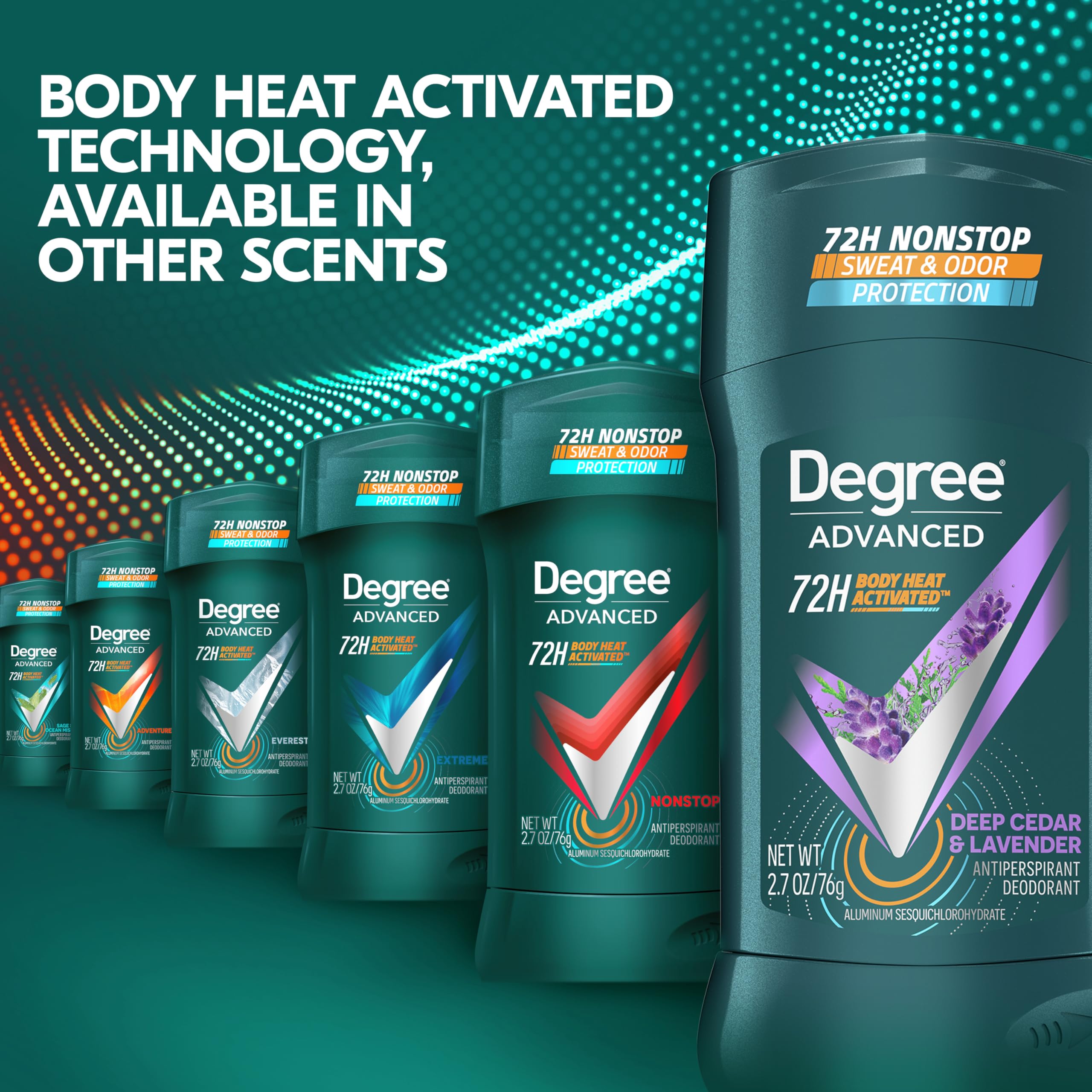 Degree Men Deep Cedar & Lavender dermatologist-tested label; alcohol-free formulation emphasis.