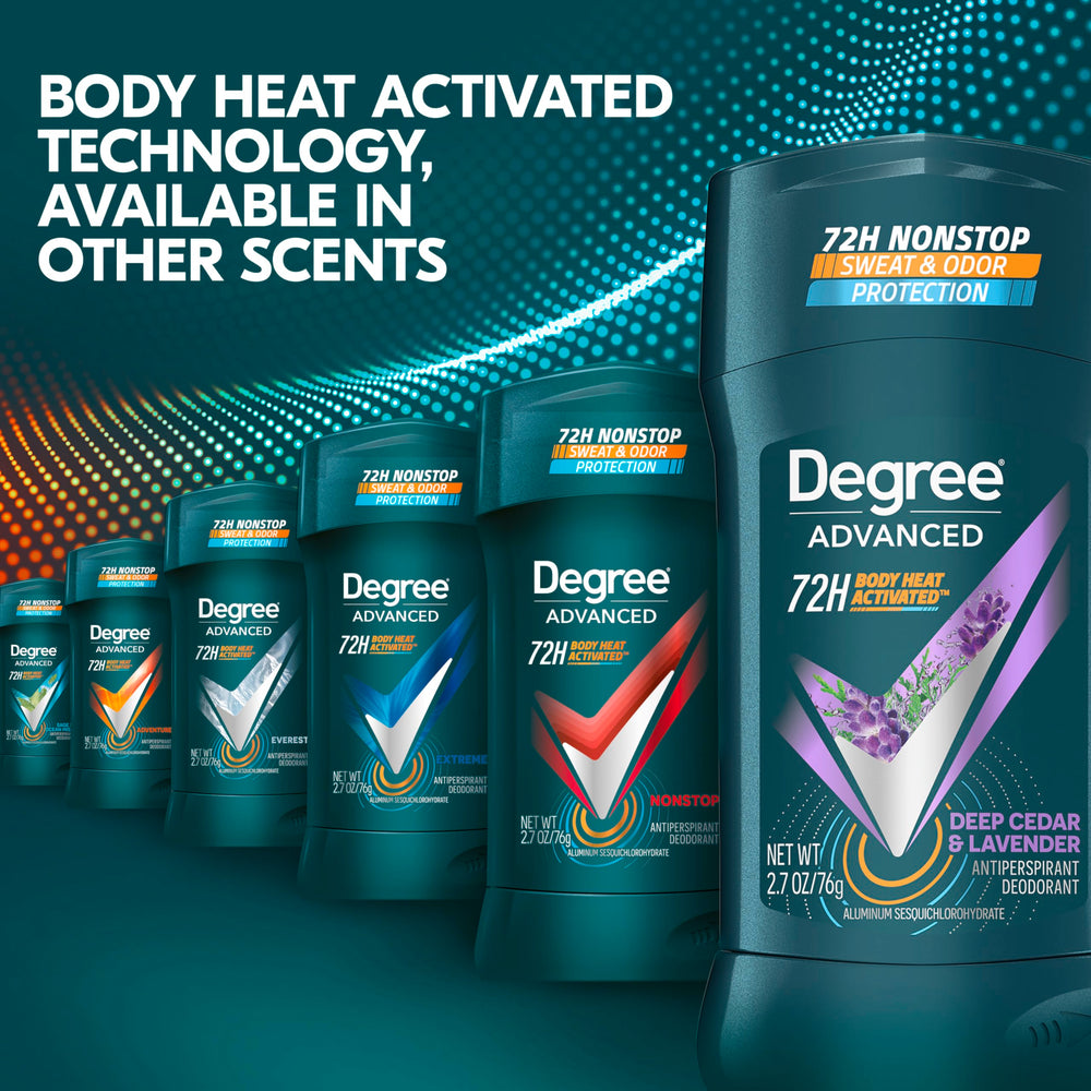 Degree Men Deep Cedar & Lavender dermatologist-tested label; alcohol-free formulation emphasis.