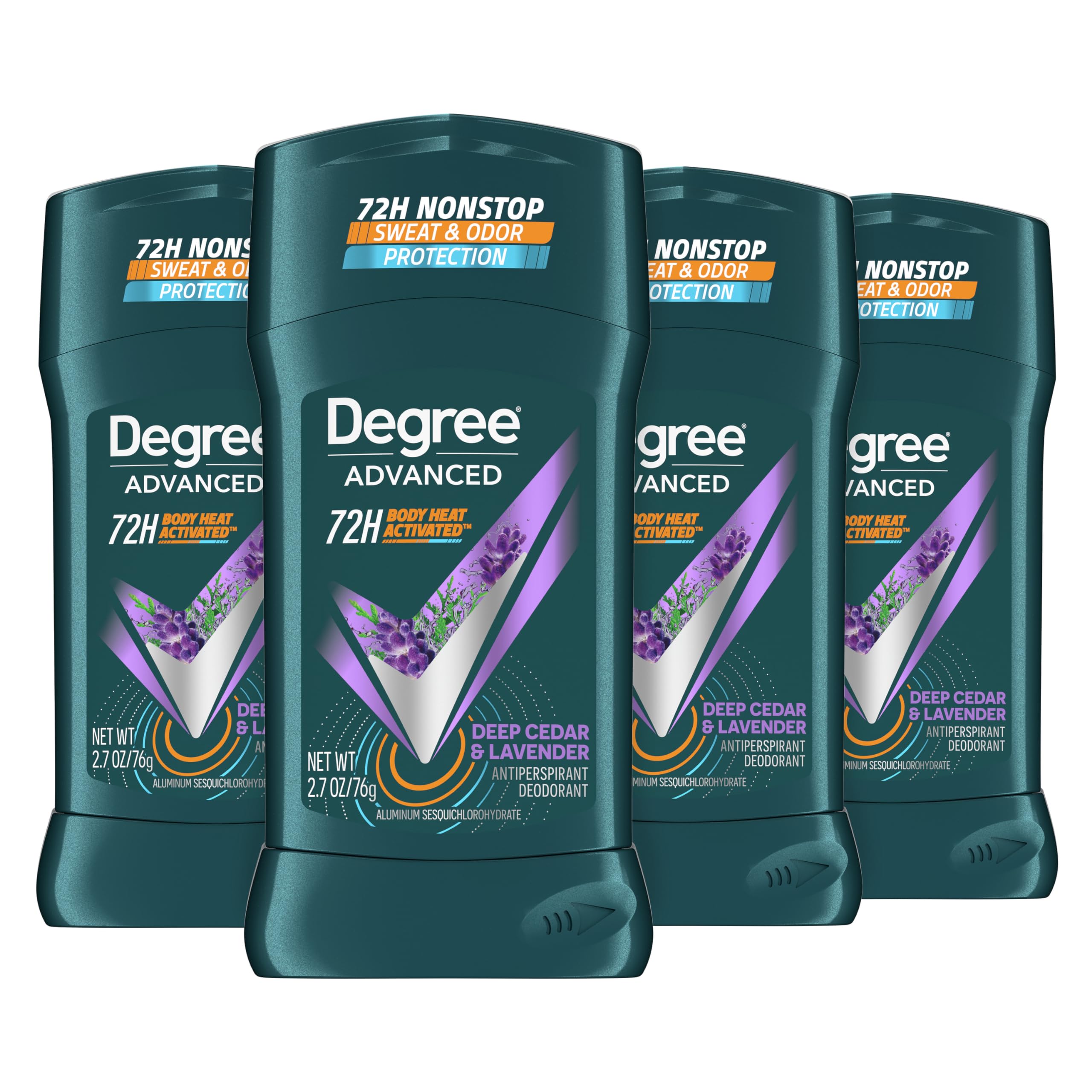 Degree Men Deep Cedar & Lavender stick front view; four-pack packaging and 72-hour protection.