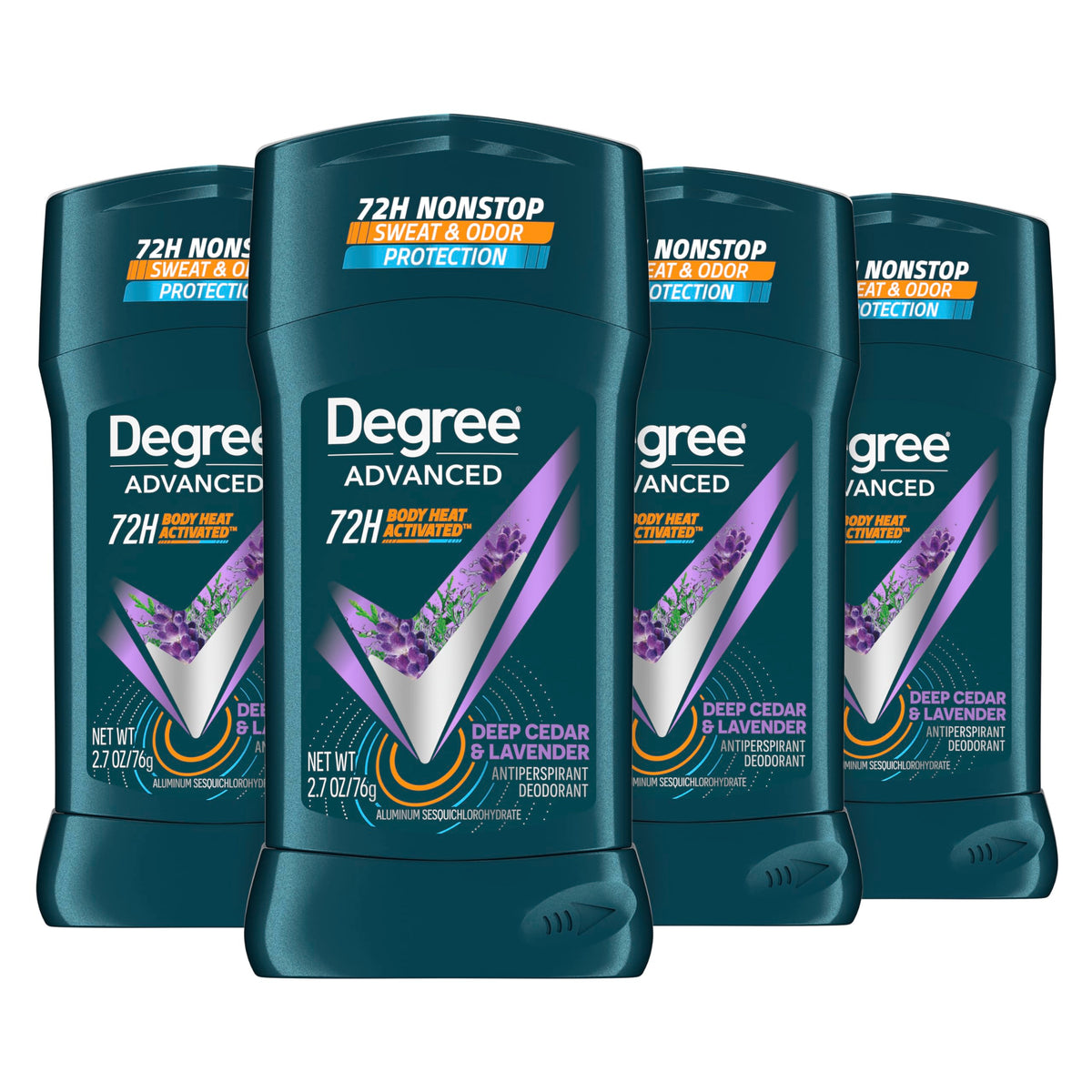 Degree Men Deep Cedar & Lavender stick front view; four-pack packaging and 72-hour protection.