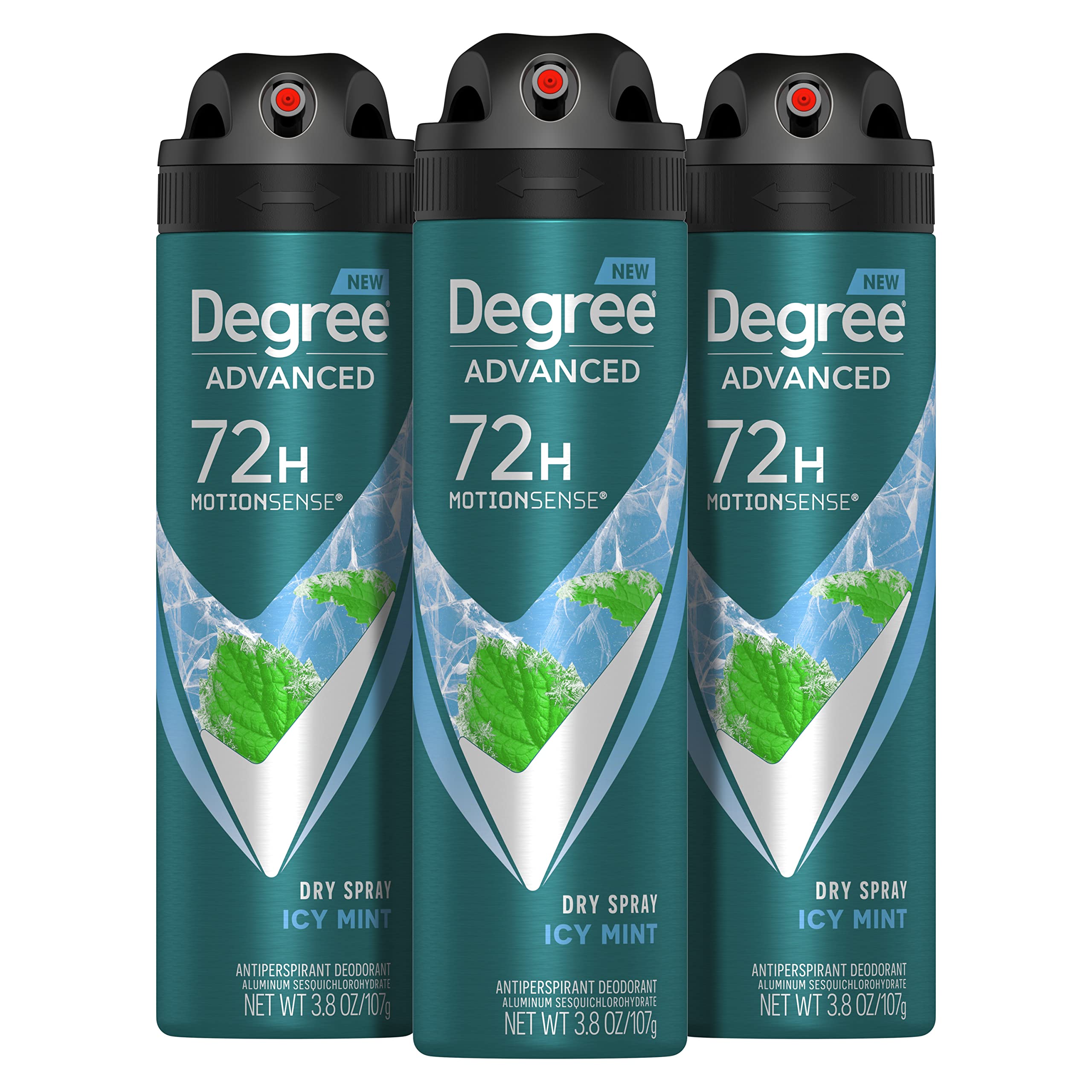 Degree Men Icy Mint Dry Spray bottle showing quick-dry protection for active days