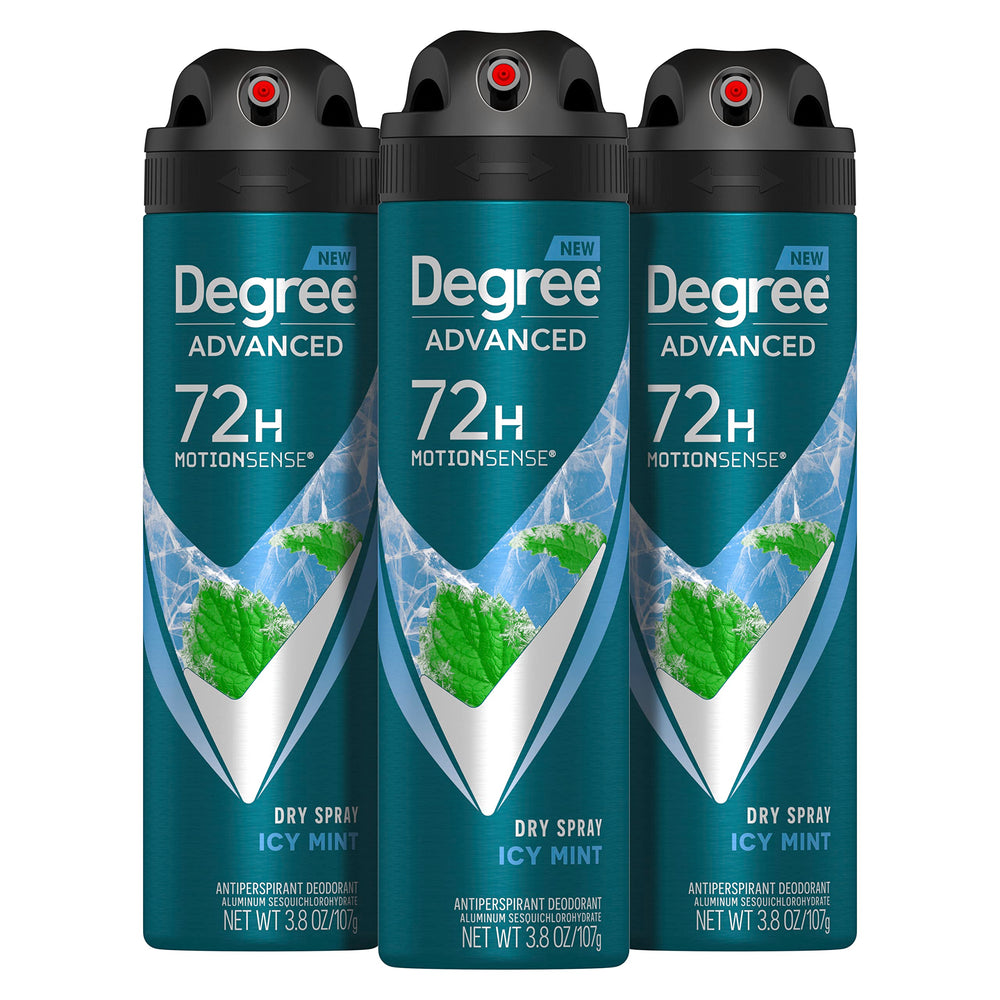 Degree Men Icy Mint Dry Spray bottle showing quick-dry protection for active days