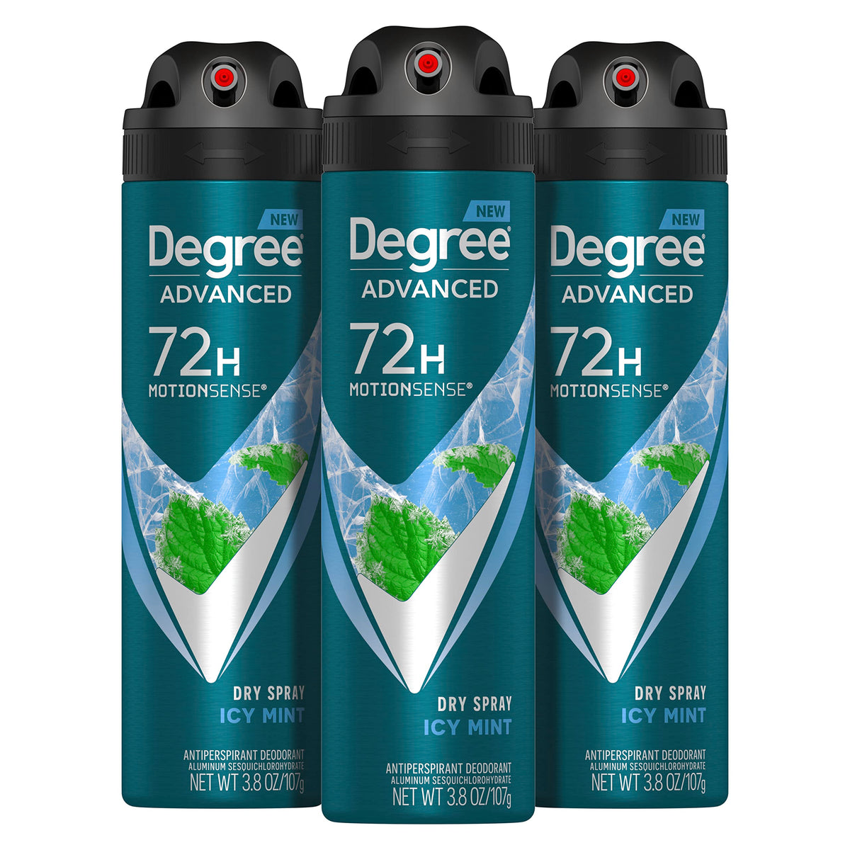 Degree Men Icy Mint Dry Spray bottle showing quick-dry protection for active days