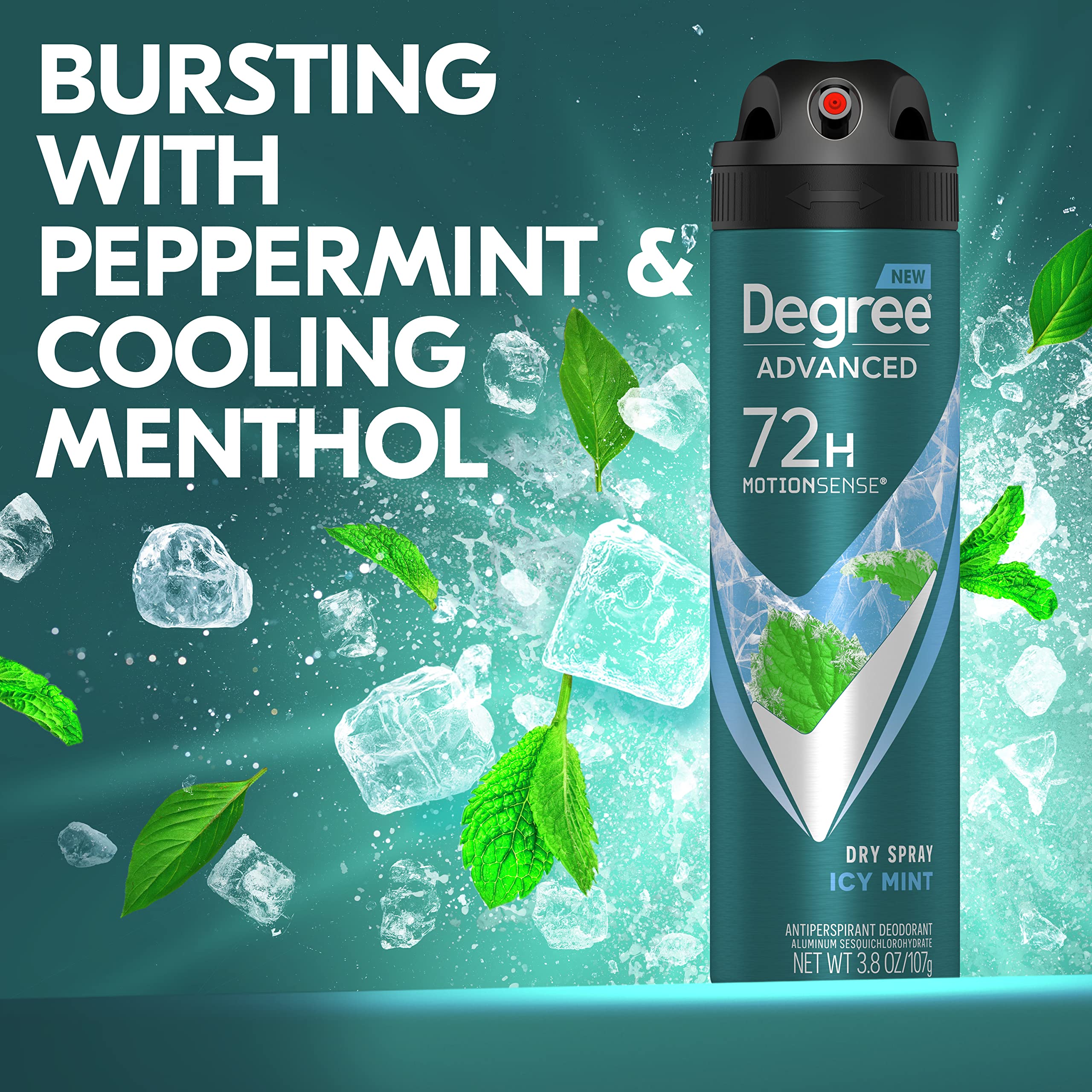 Degree Men Icy Mint Dry Spray dispense action highlights immediate freshness