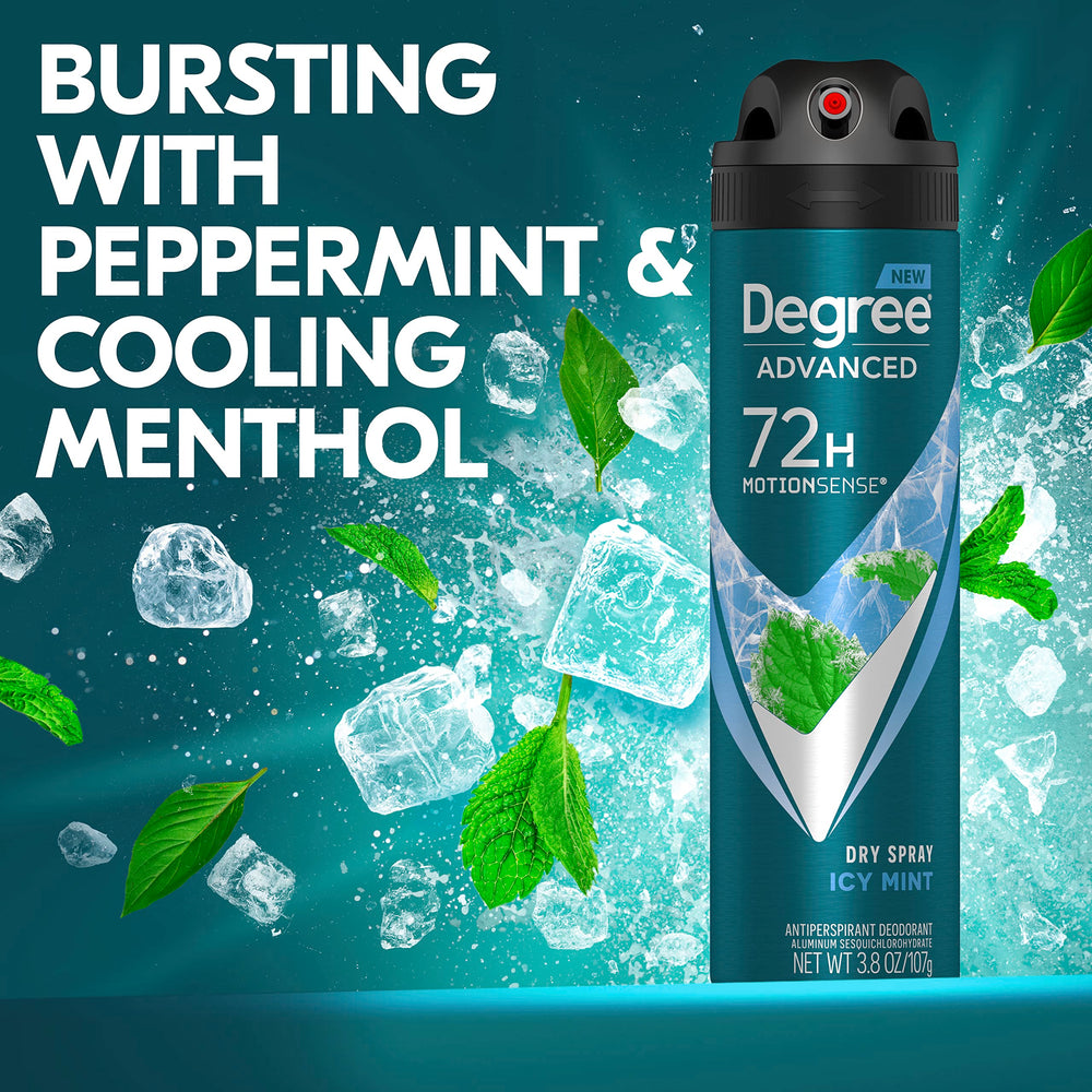 Degree Men Icy Mint Dry Spray dispense action highlights immediate freshness