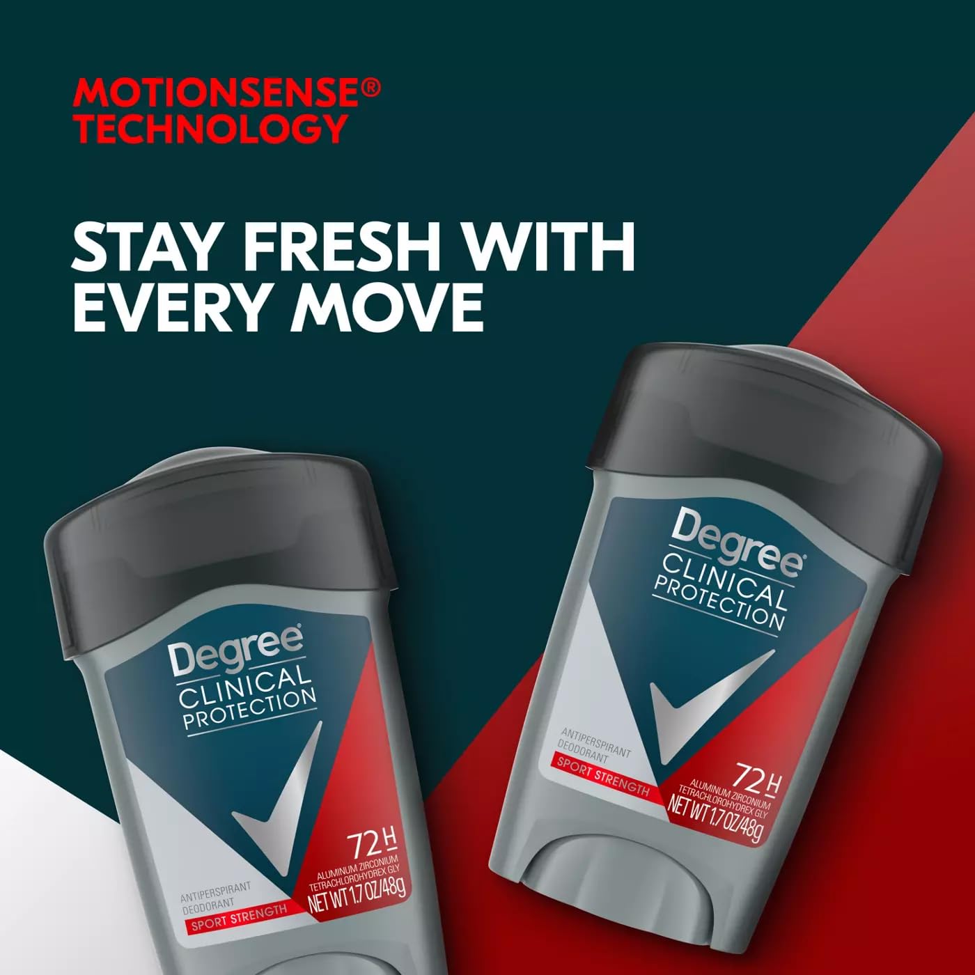 Degree Men Sport Strength label close-up showing MotionSense freshness feature