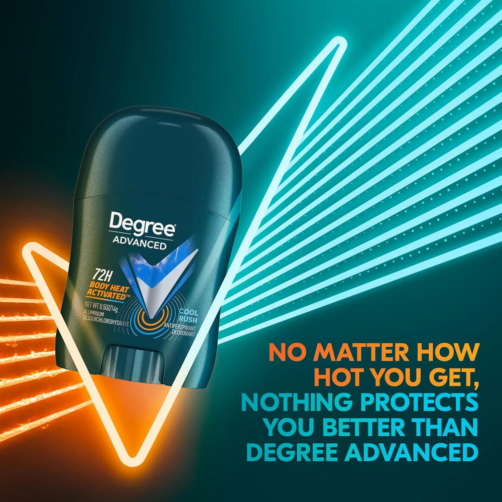 Degree Men Travel Deodorant Cool Rush 72-hour protection label — long-wear confidence for busy days.
