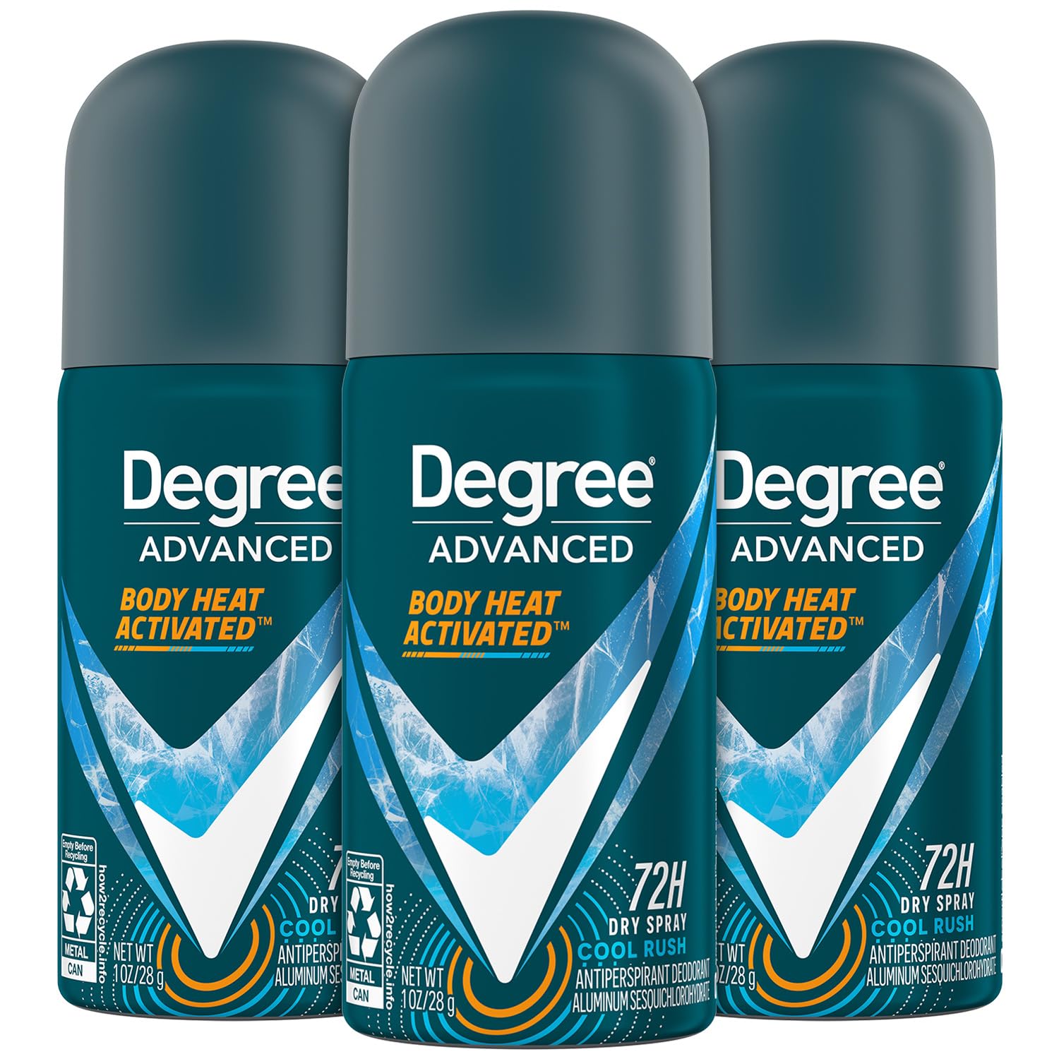 Degree men's travel deodorant 3-pack packaging showcases convenient on-the-go protection for active days.