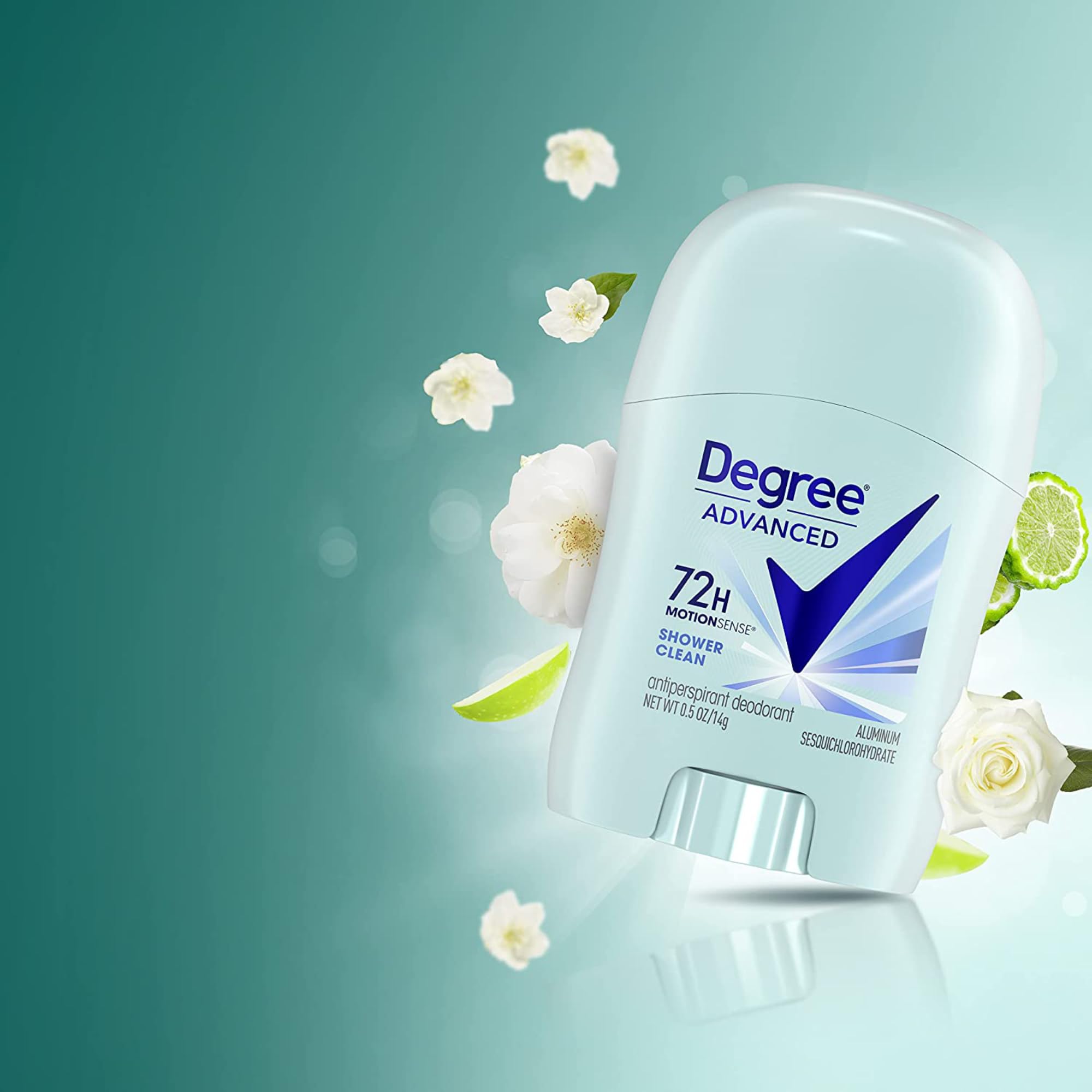 Degree Shower Clean scent close-up shows refreshing fragrance for all-day confidence.