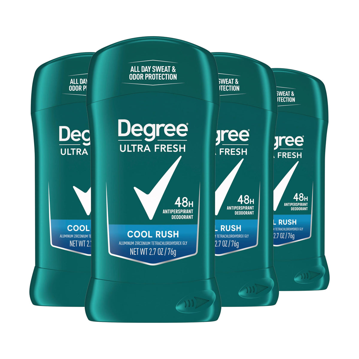 Degree Ultra Fresh Cool Rush 4-pack close-up showing value and daily protection