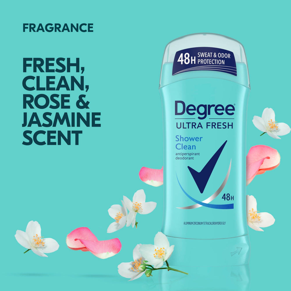 Degree Ultra Fresh with rose jasmine fragrance for a clean feel.