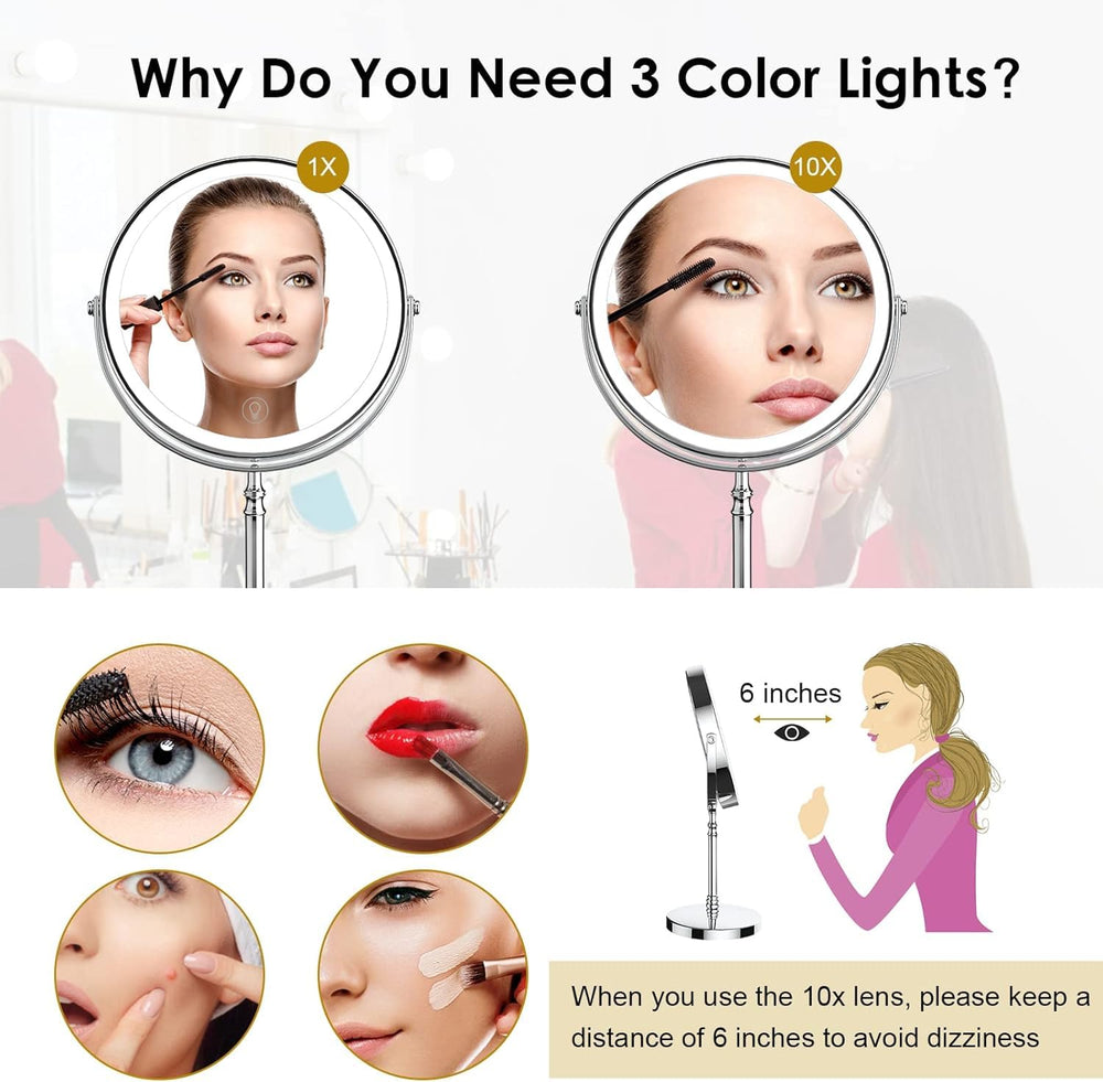DEIOVWXS lighted makeup mirror demonstrates 360-degree rotation for flexible angles.