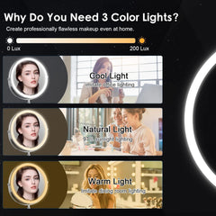 DEIOVWXS lighted makeup mirror shows three color temperatures for different lighting scenarios.