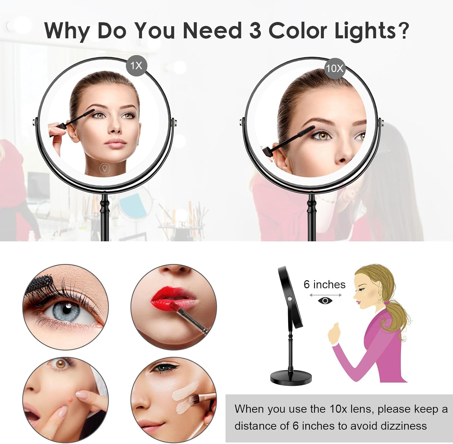 DEIOVWXS Lighted Makeup Mirror features an 8-inch wide viewing area.