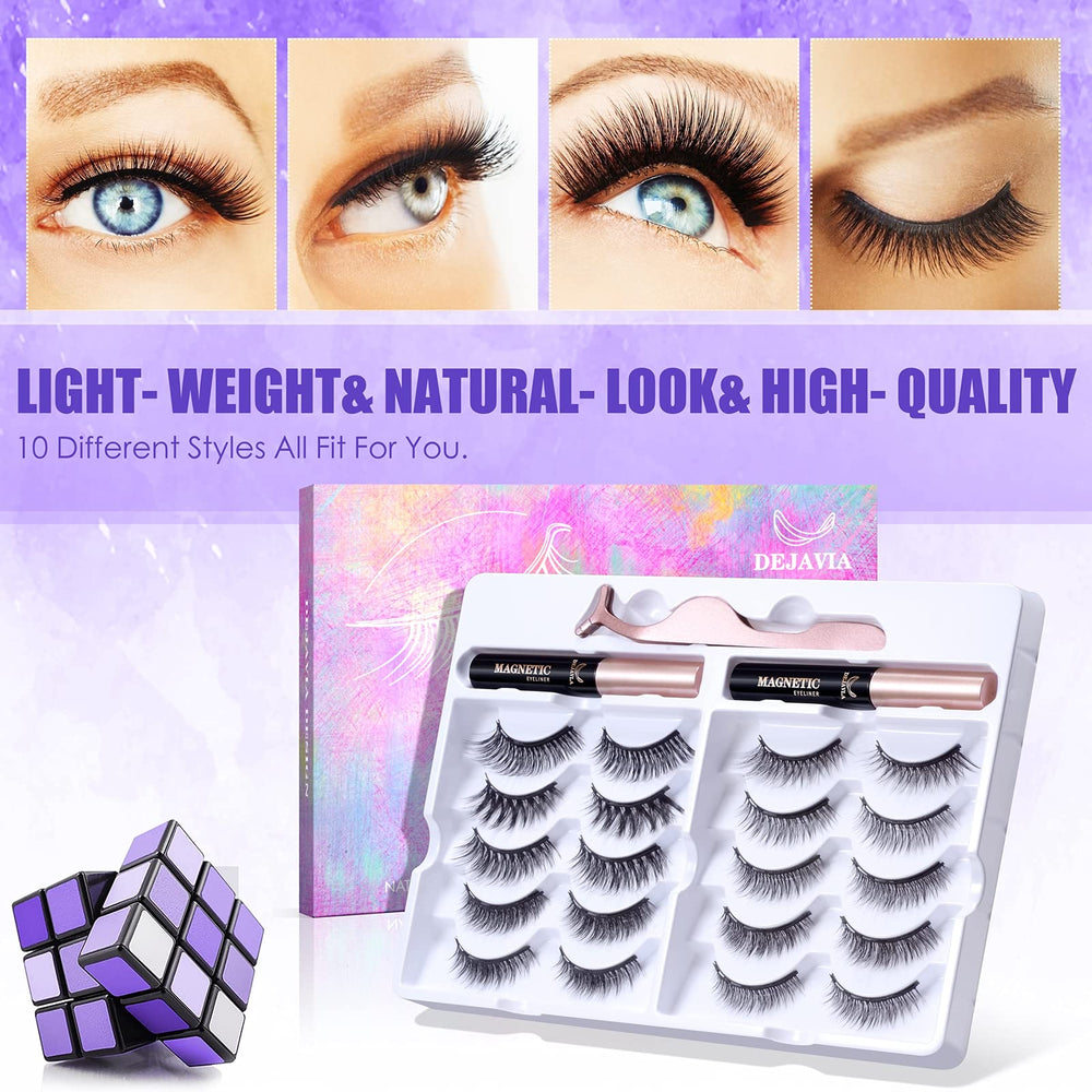 DEJAVIA magnetic eyeliner tubes showing quick-dry, long-lasting hold