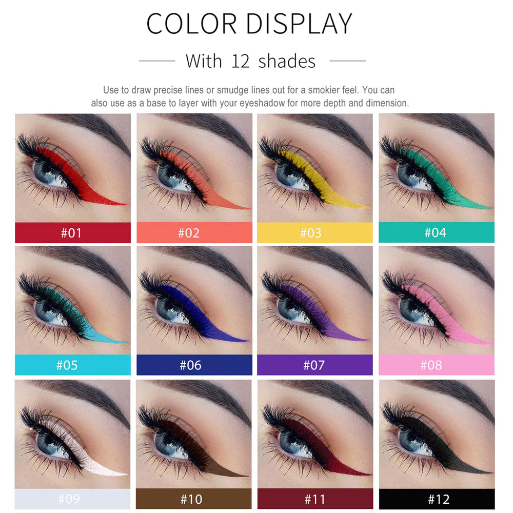 DekRion liquid eyeliner pigment swatches display vibrant range for creative daytime or evening looks.