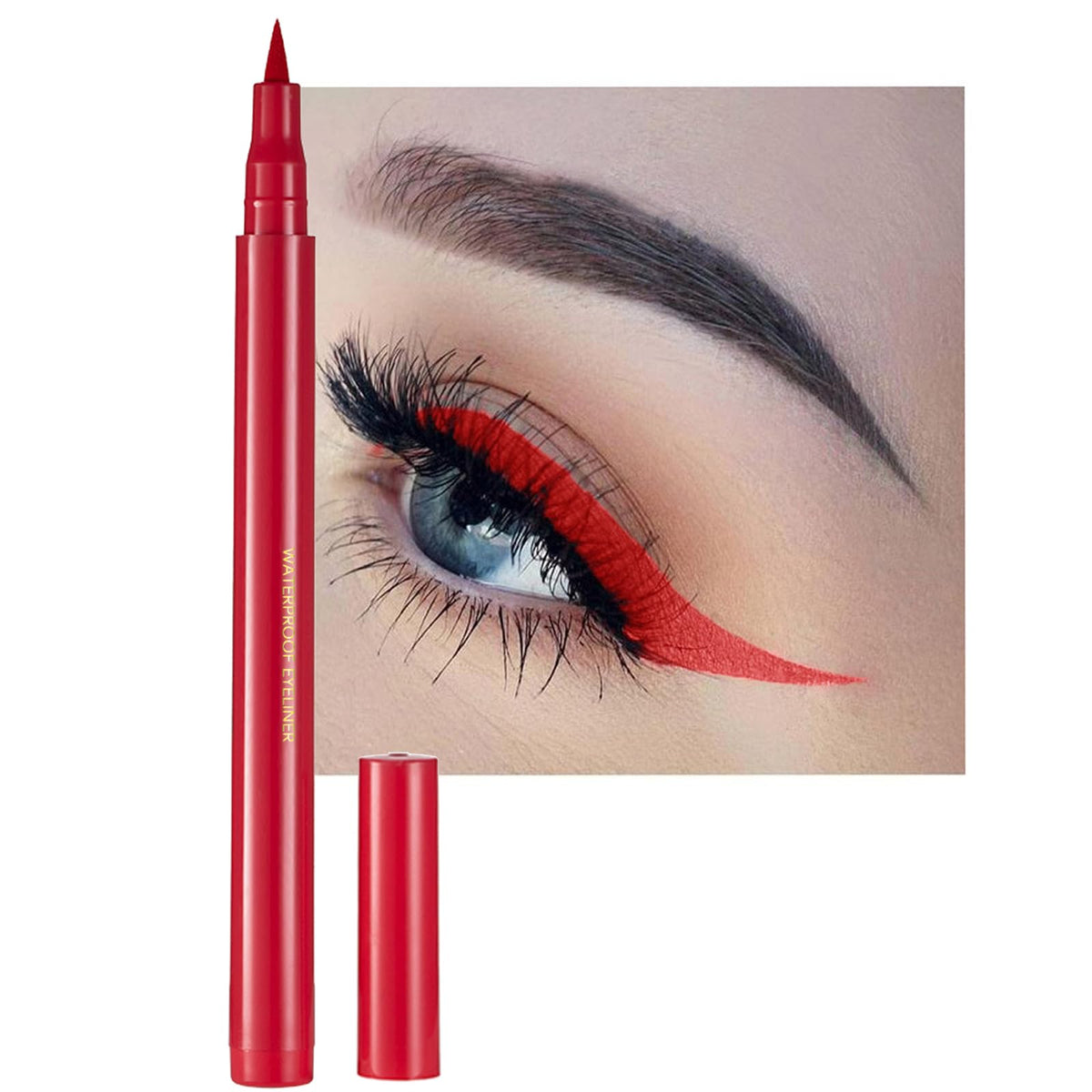 DekRion liquid eyeliner red bottle closeup highlights bold, long-lasting color for dramatic eye looks.