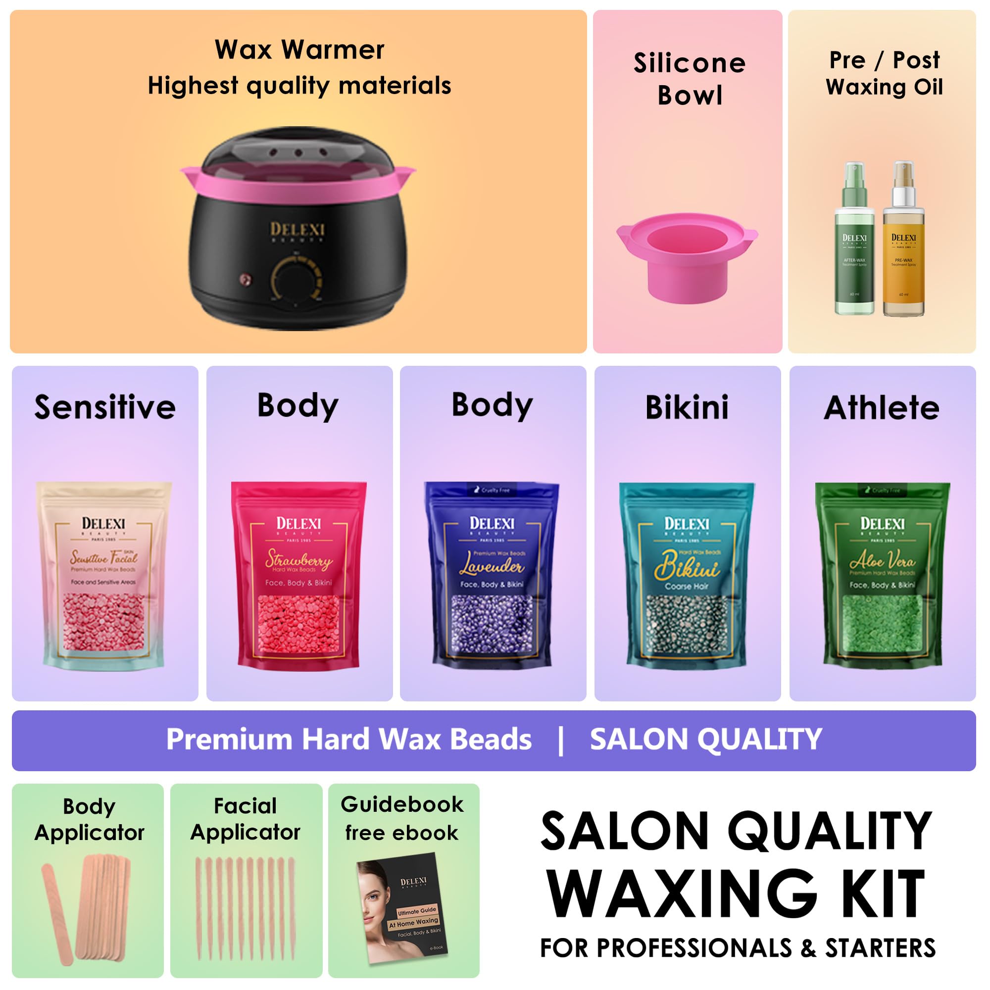 DELEXI hard wax beads close-up show low-temperature formula for gentler hair removal
