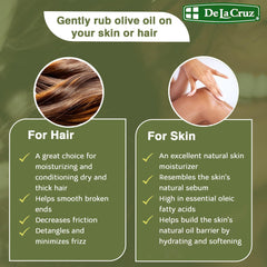 De La Cruz olive oil drop closeup emphasizing nourishing essential fatty acids.