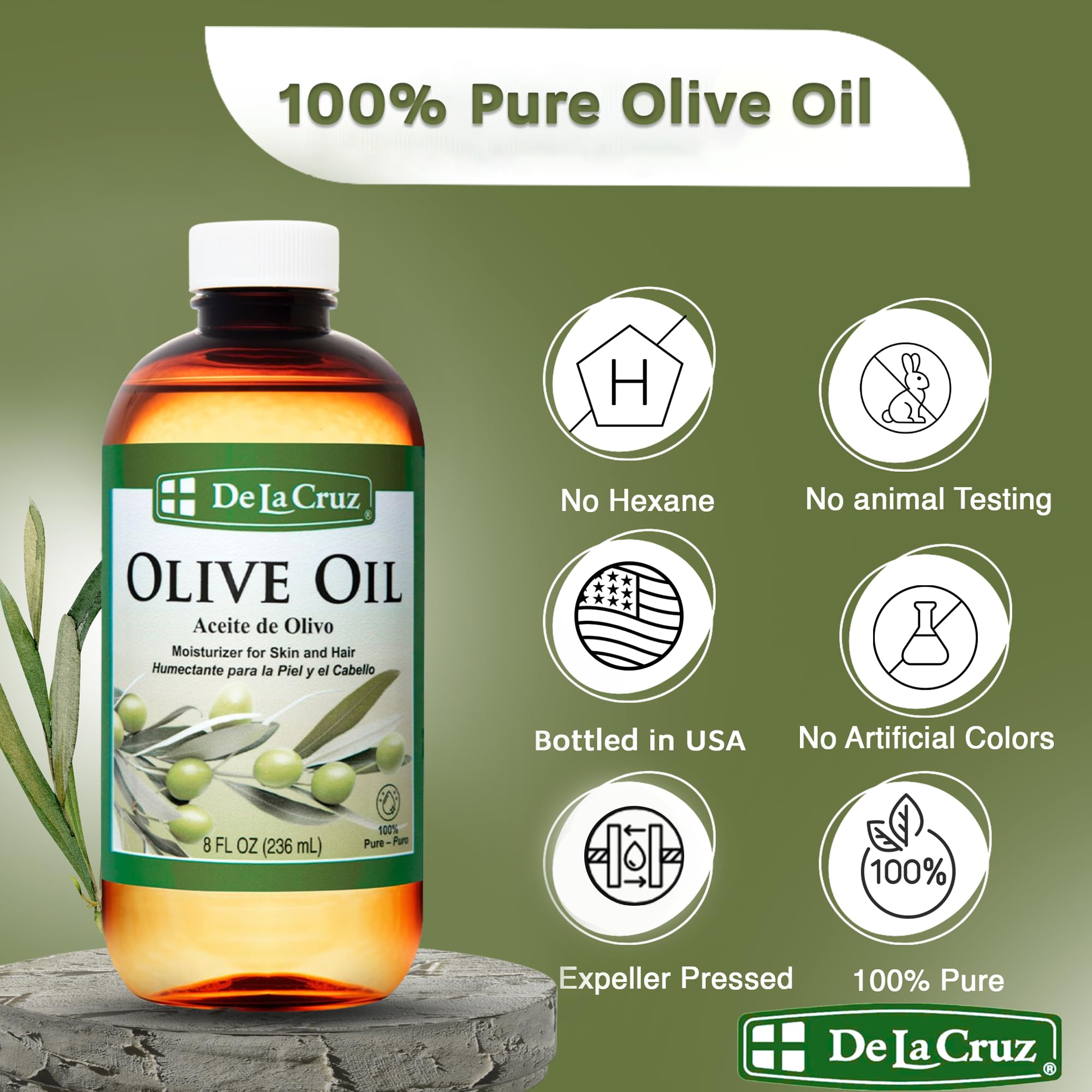 De La Cruz olive oil hair-application closeup highlighting frizz control and detangling aid.