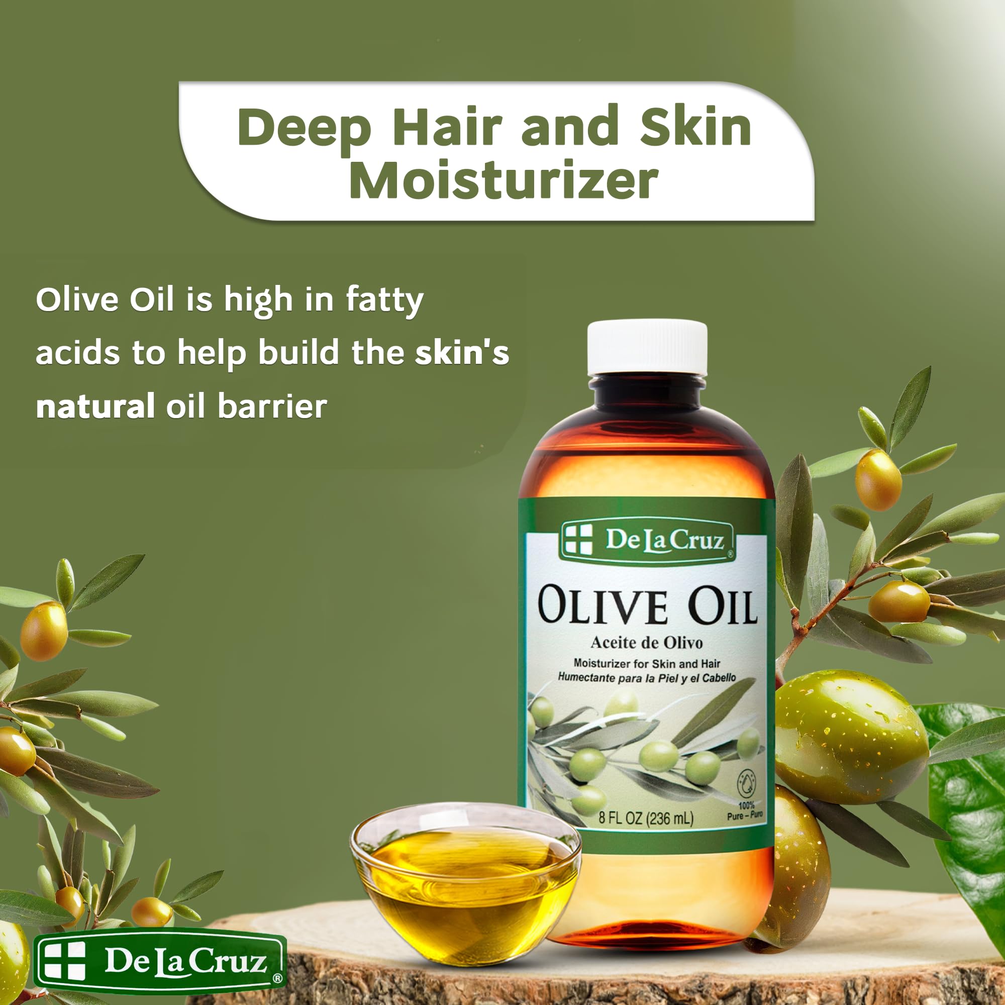 De La Cruz olive oil skin closeup illustrating lightweight hydration for supple skin.
