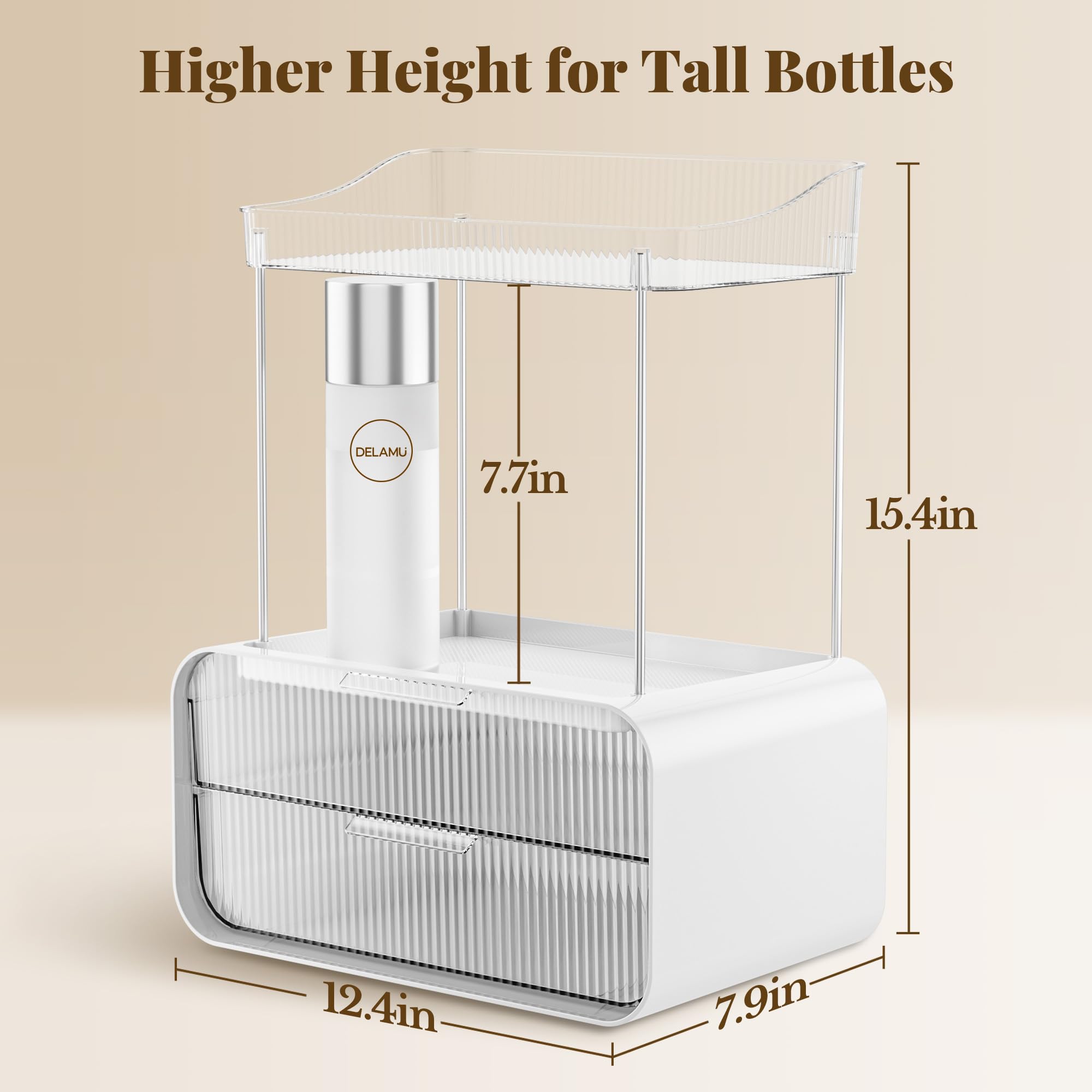Delamu acrylic makeup organizer on vanity with drawer open for quick access