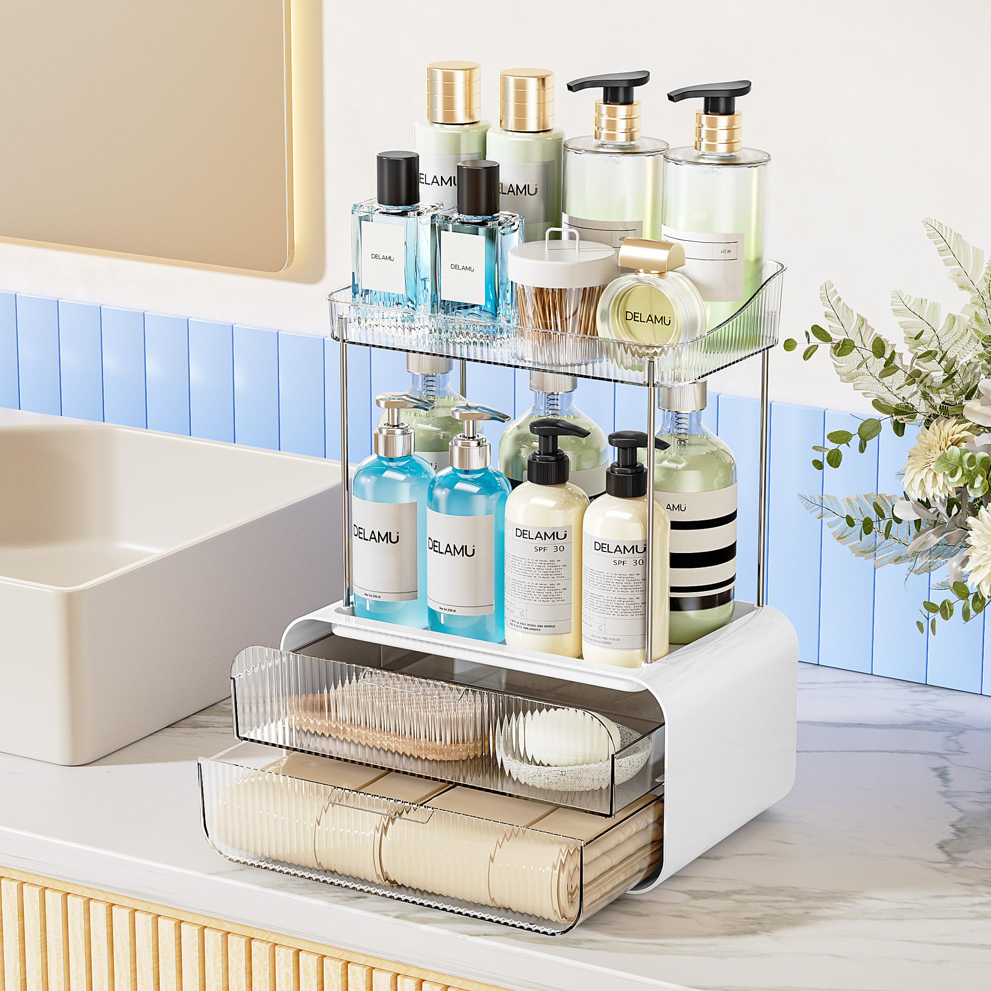 Delamu 2-drawer 2-tier bathroom organizer on counter showing organized cosmetics